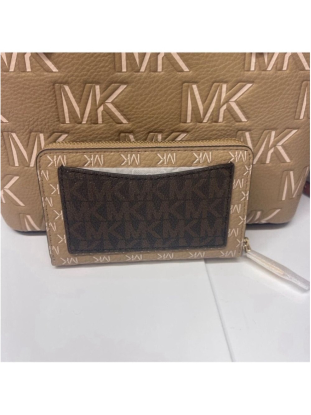 Michael Kors Eliza Small Embossed Tote & Matching Wallet Camel Brown Tan Logo - Picture 13 of 15